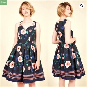 ModCloth Modcloth Lovin' The Dream Floral Print Fit and Flare Dress Navy Blue